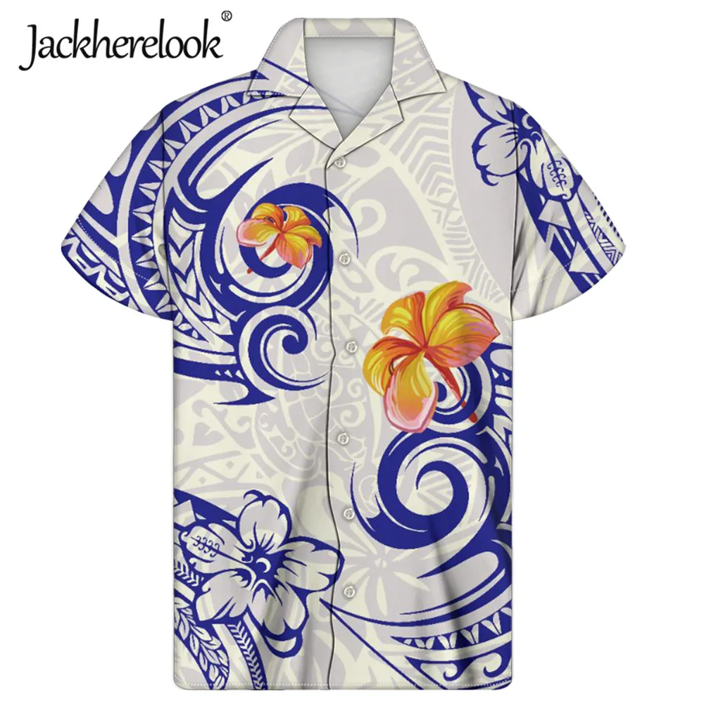 

Jackherelook Polynesian Tattoo Saman Tribal Hibiscus Floral Brand Design Men Hawaiian Shirts Short Sleeved Beach Tops Chemise