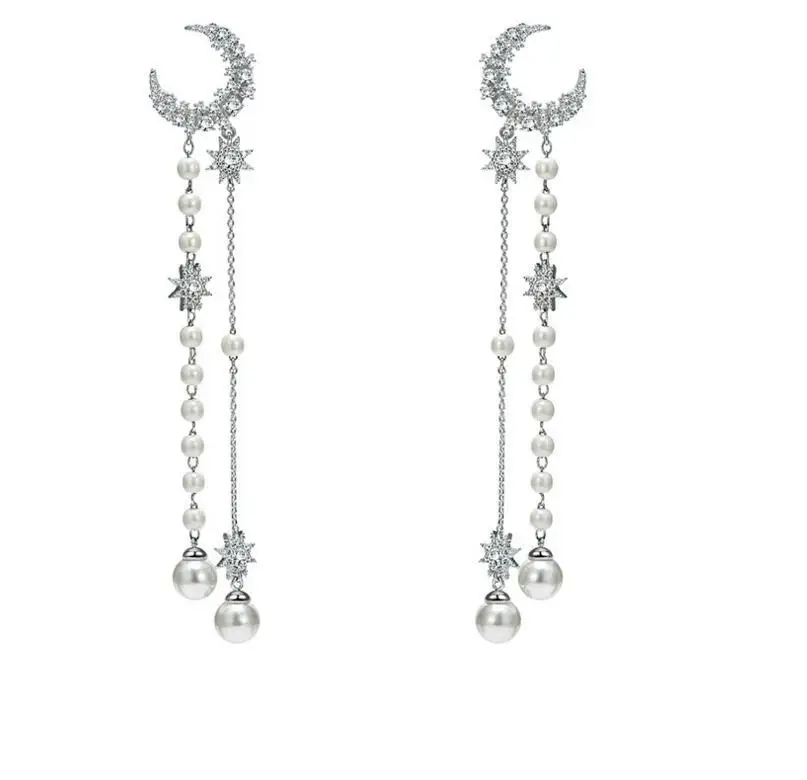 

Moon and Stars Tassel Long Earrings in S925 Sterling Silverplated and Zircon Crystal, Delicate Women Girls Fashion Party Jewelry