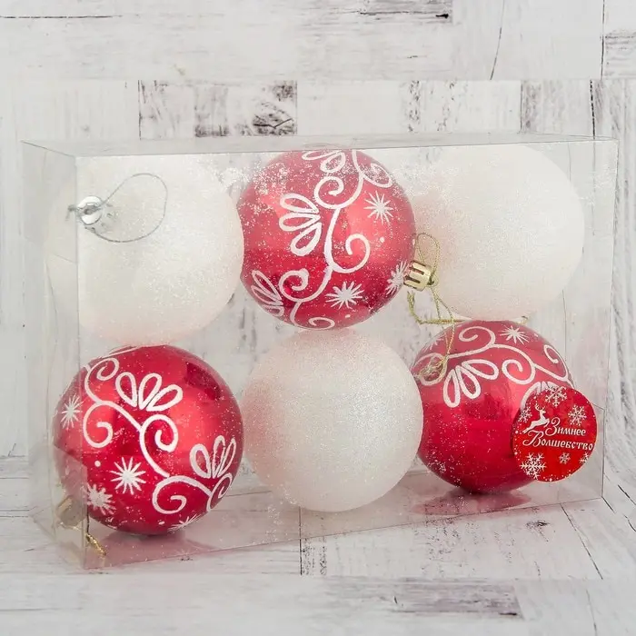 Набор шаров пластик Д-8 см 6 шт Изящный узор красно-белый | Дом и сад