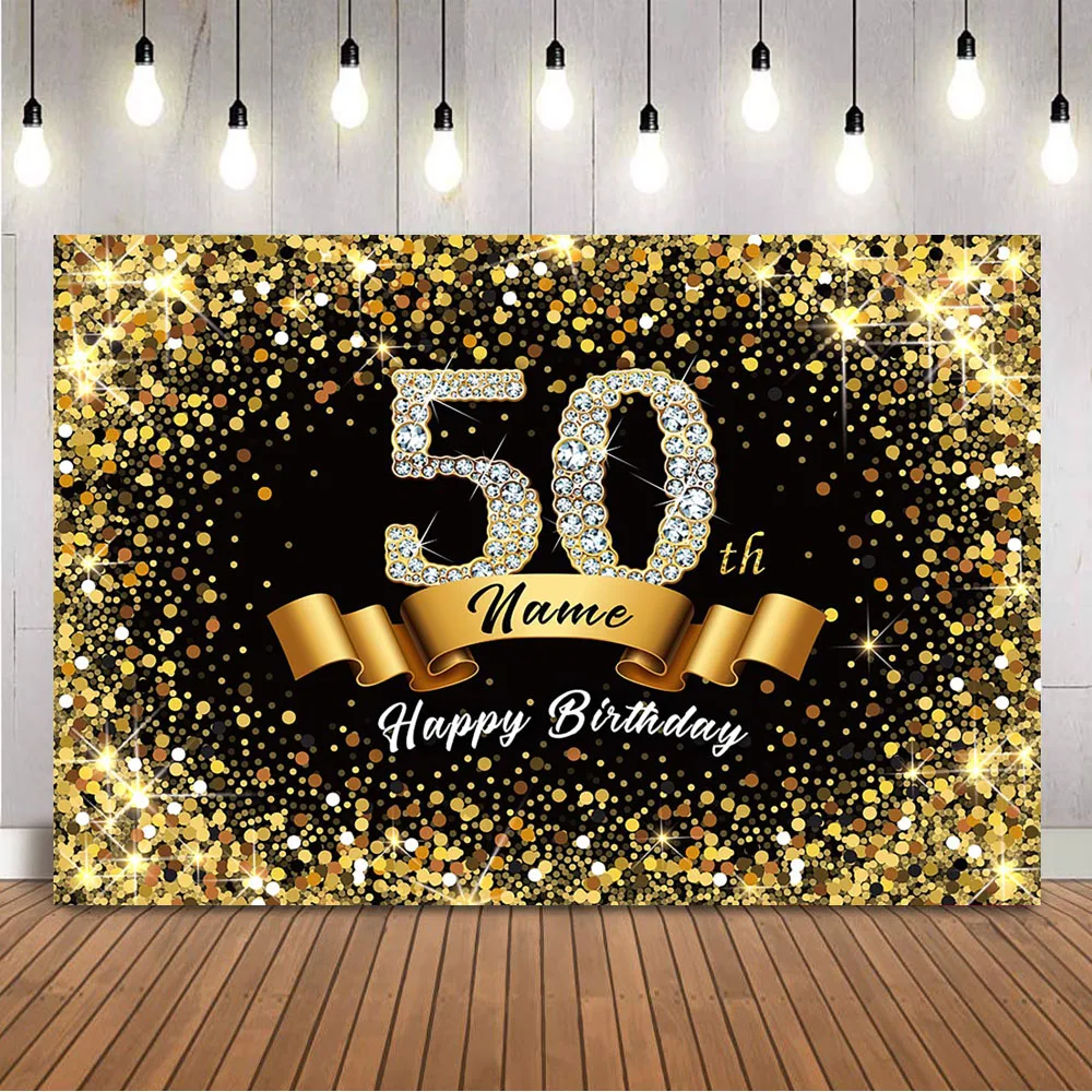 

Name DIY Happy Birthday Backdrop Gold Glitter Birthday Party Decoration for 50th Birthday Theme Background Shining Photocall