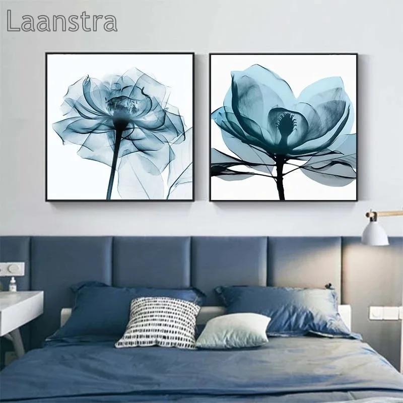 

Blue Transparent Flower Wall Art Poster Print Nordic Minimalist Canvas Painting Square Decorative Picture Living Room Home Decor