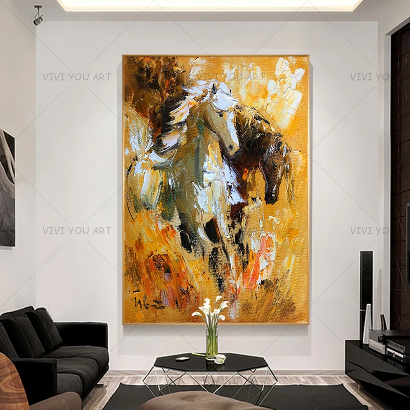 

Best New Hand Painted Yellow Horse Abstract Oil Painting Canvas Art Home Decor Wall Pictures Modern No Frame Picture