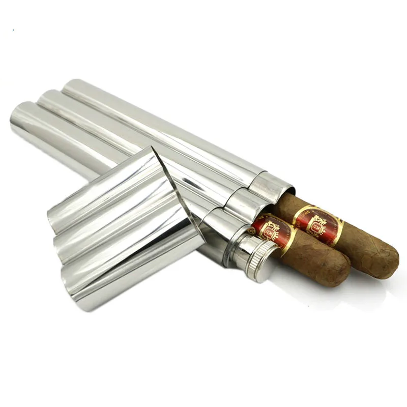 Зеркальная полированная плоская фляжка с двумя трубками для сигар 2 унции