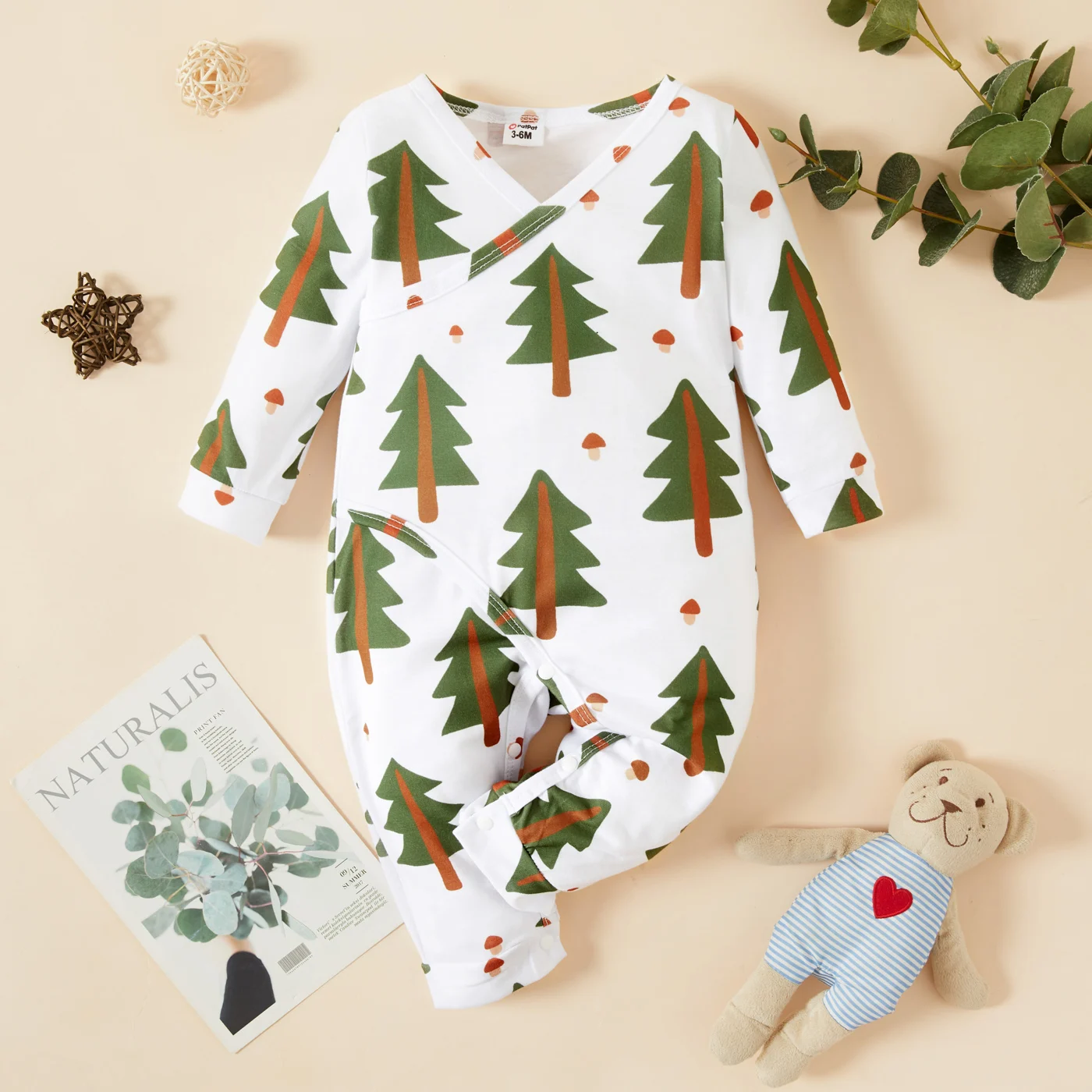 

PatPat Baby Boy White/Grey/Brown Print V Neck Long-sleeve Jumpsuit