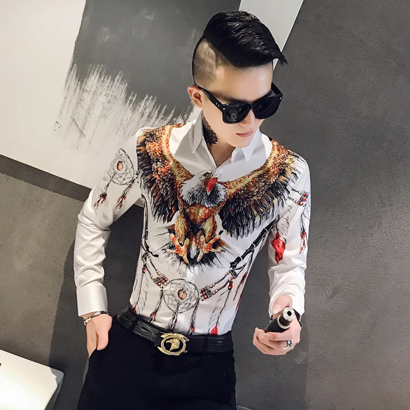 Осенняя мужская Модная приталенная рубашка с коротким рукавом Camisa Masculina, Повседневная Уличная Мужская рубашка с принтом орла