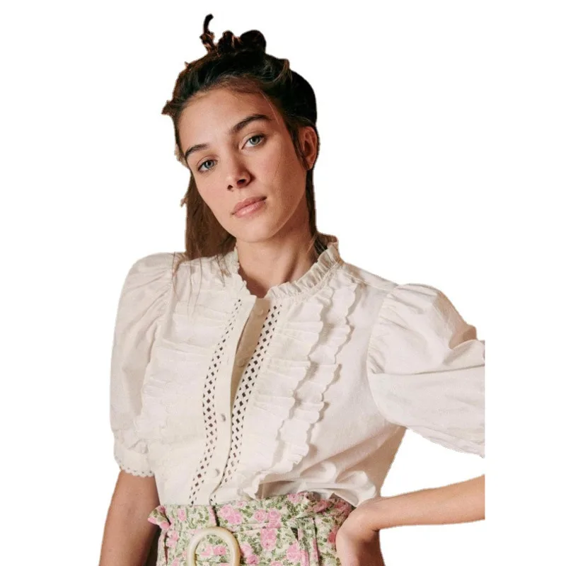 

Summer French Wave Lace Hollow Stand Collar Solid Color Puff Sleeve Slim Short Sleeve Shirt Top Wn*