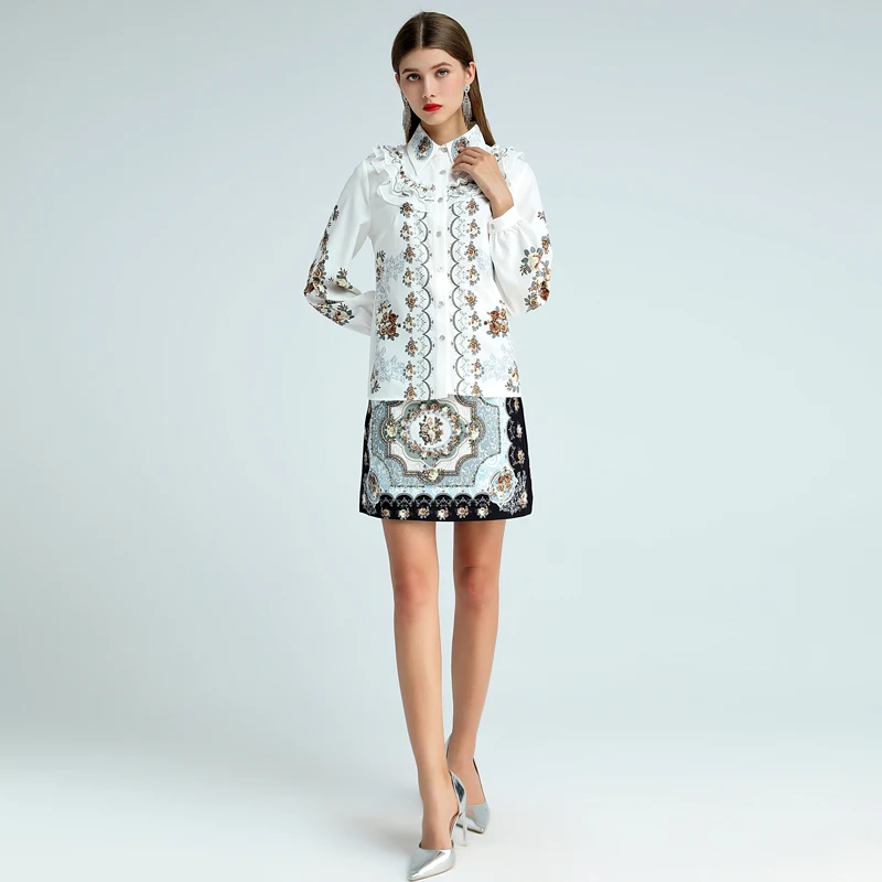 

High Quality Spring Autumn New Fashion Elegant Long-Sleeved Shirt Tops With Diamond Beading Shorts Print Vintage Women'S Sets