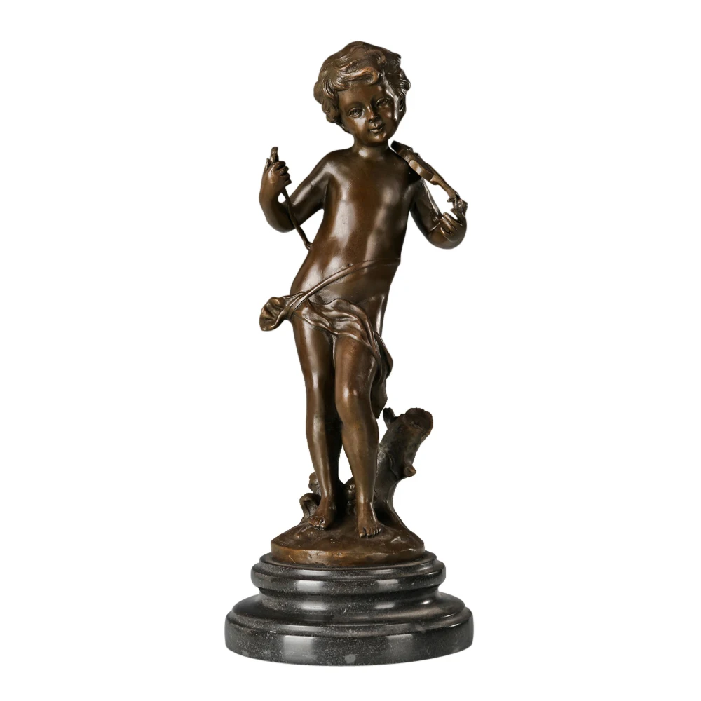 

Playing the Violin Boy Statue Figurine Bronze Vintage Copper Art Child Sculpture Marble Base Kids Gifts Living Room Decor