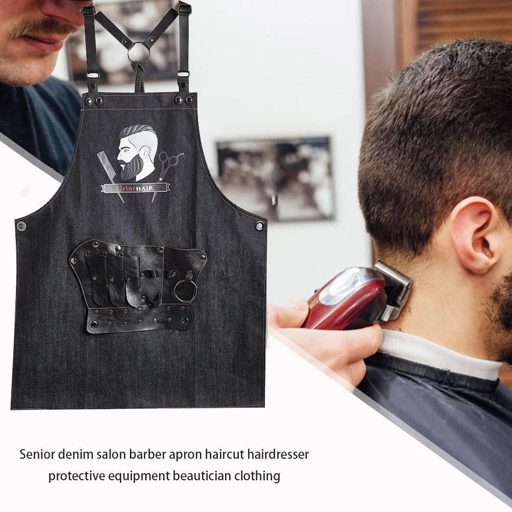 

Professional Waterproof Unisex Adjustable Salon Apron with Cross-Back Straps Pockets Durable Denim Haircuts Cloth Salon Tool