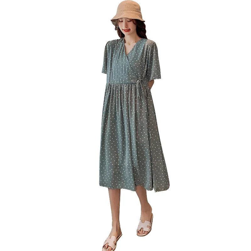 

7071# 2021 Summer Polka Dot Printed Chiffon Maternity Long Dress Large Size Loose V Neck Clothes for Pregnant Women Pregnancy