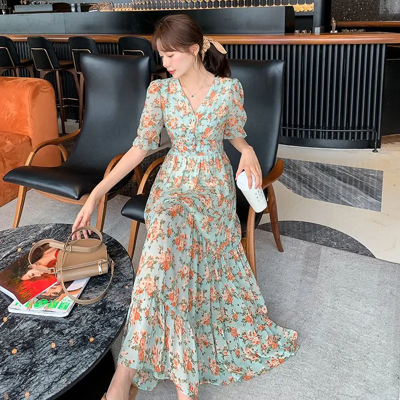 

COIGARSAM Floral Print Women dress New Summer Chiffon Short Sleeve V-Neck Dresses Design And Color 9258