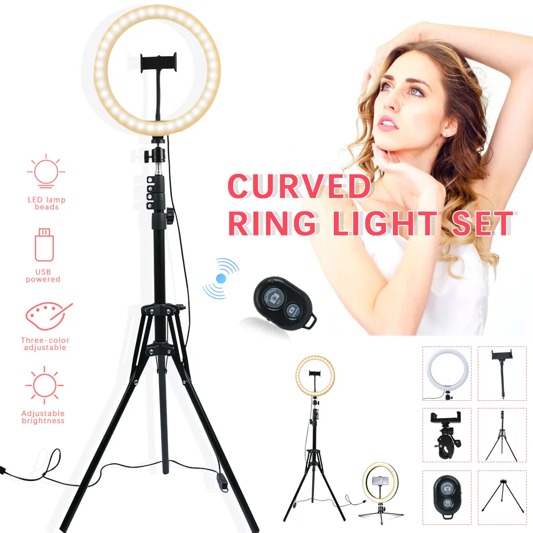 Светодиодное светящееся кольцо светильник с кронштейном и настольный штатив 10