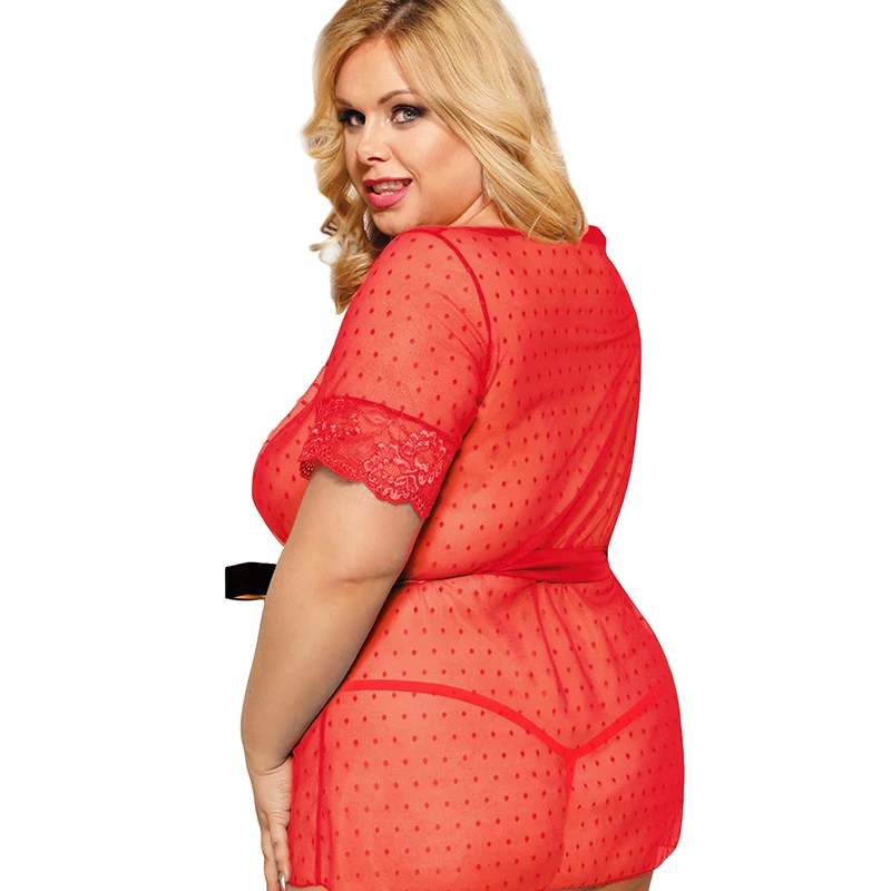 Comeonlover Lace Sleepwear Robe Silk Belt Exotic Night Gown Chemise Patchwork Hot See-through Mesh Sexy Female Plus Size RE80777 |