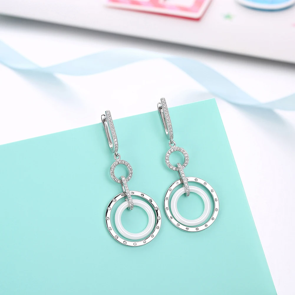 

LEKANI Simple Double Circle Ceramics Drop Earring Dazzling Zircon Earrings Women Valentine's Day Sterling Silver 925 Jewelry