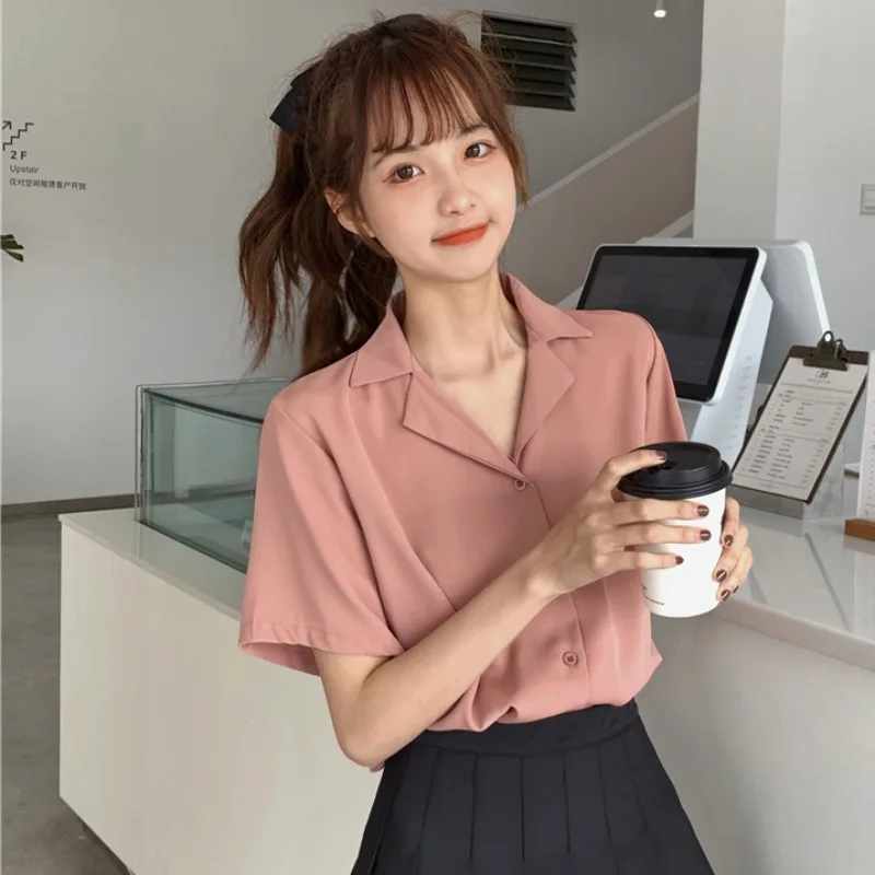 Summer Women Casual Short Sleeve Blouse Solid Chiffon Loose Office Formal Shirt Female Fashion Cardigan Tops Korea Style