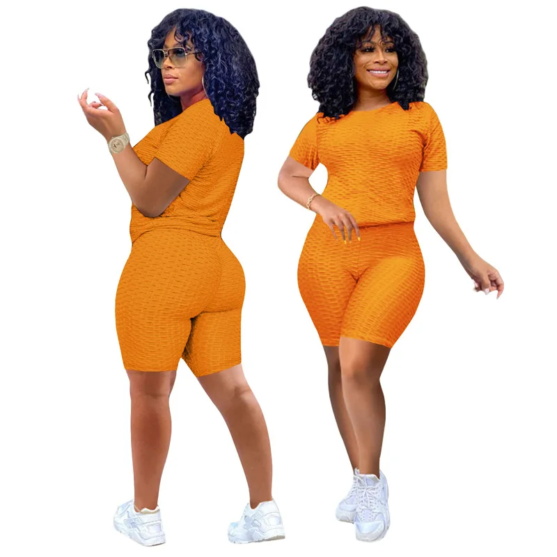 

2021 Summer Round Neck Solid Two Piece Suit Women's Short Sleeve 2-piece Yoga Shorts Sports Suit Breathable Sportwear