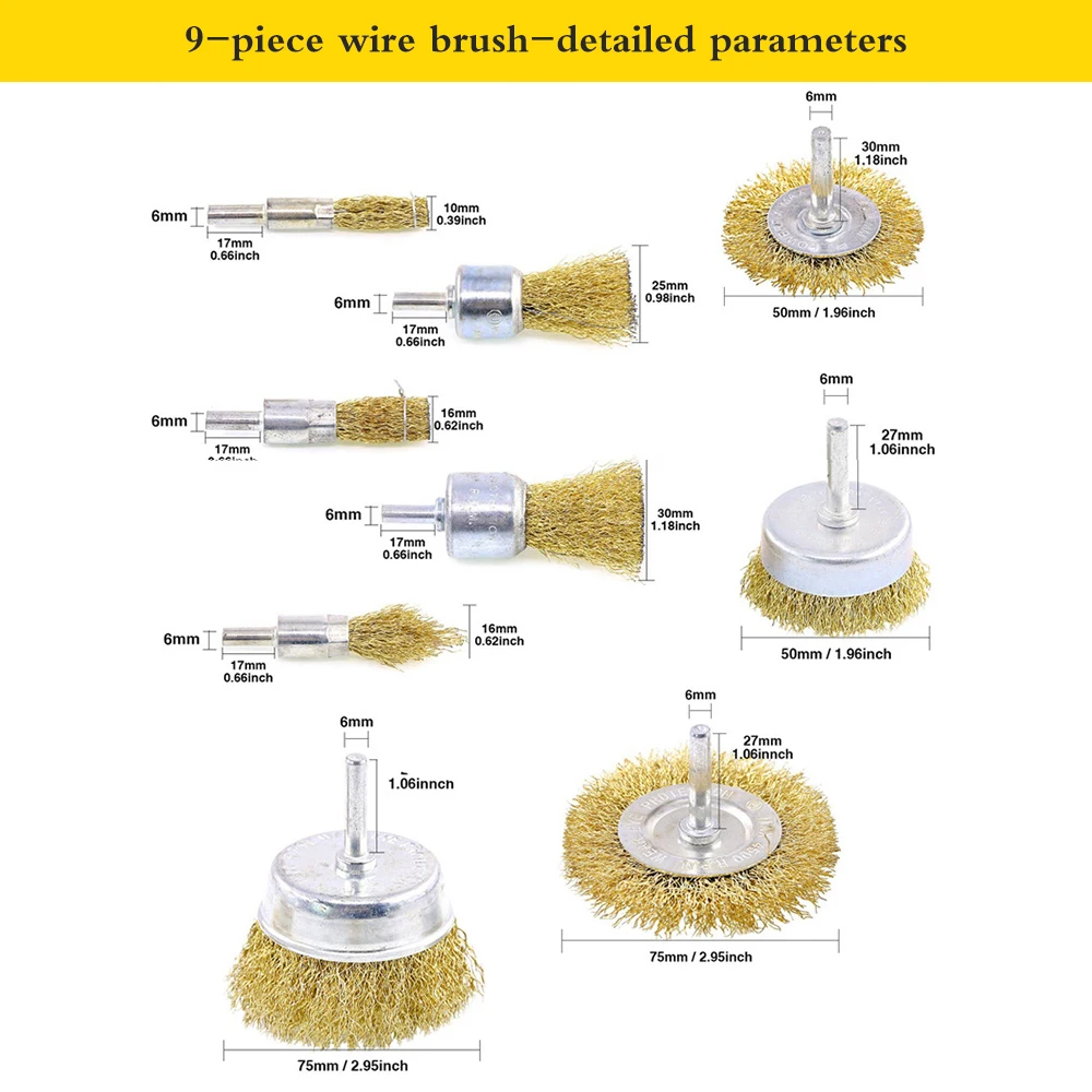 

Onever 9 Pcs Wire Brush Grinding Wheel Derusting Set Wire Wheel Polishing Brush Electric Grinder Electric Drill Wire Brush