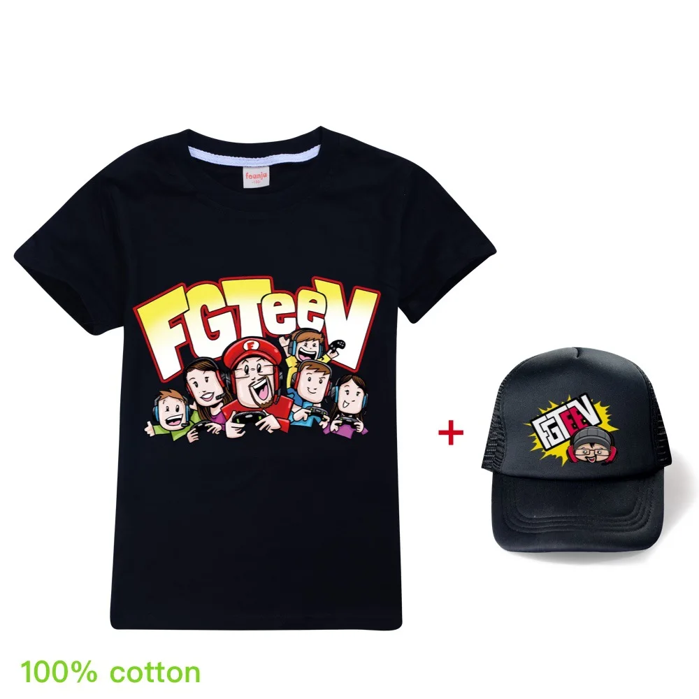 New 12 colors FGTEEV Kids Clothes Boys And Girls Cotton T-shirts Children Fashion Clothing Summer Tops Casual Tees Unisex+sunhat