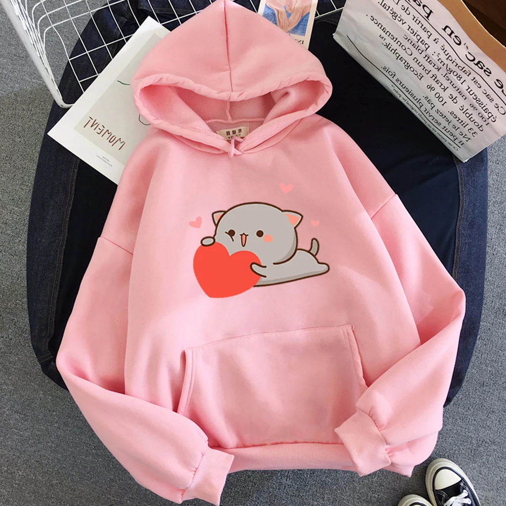 

Harajuku Oversized Sweatshirt Women Streetwear Couple Clothes Casual Warmth Anime Hoodie Cartoon Kawaii Cat Love Print