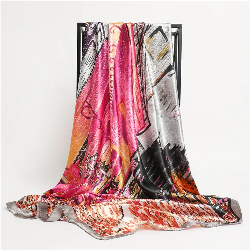 

New Oil Painting Wind Women's Bandana Female Spring Summer Travel Sunscreen Shawl 90cm Large Size Scarf Printing Sweet Headscarf