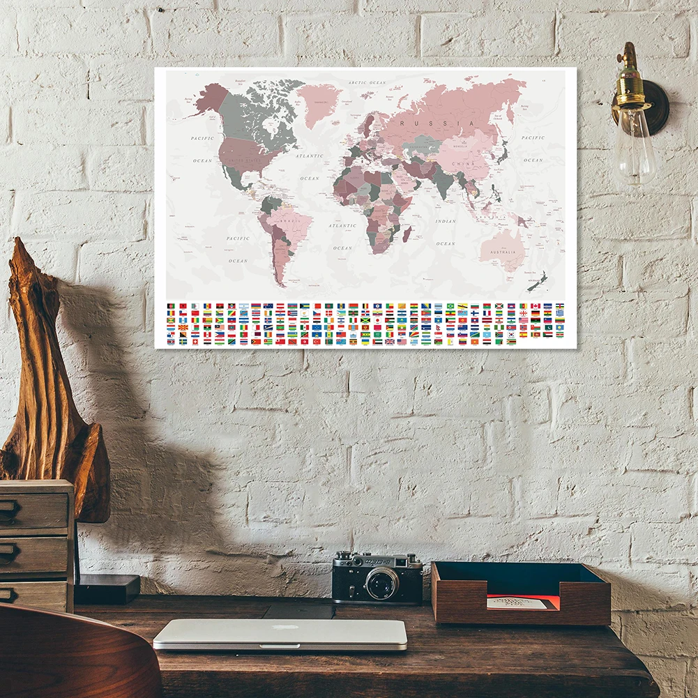

150*100cm Retro Political Map of The World with National Flags Canvas Painting Wall Art Poster School Supplies Home Decor