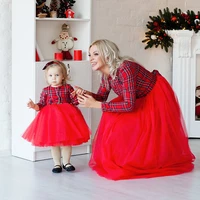 new christmas family matching outfits clothes long ball gown dresses for women mother daughter red plaid christmas party dresses