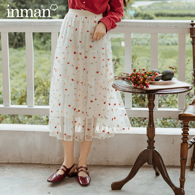 INMAN осень 2020 Новое поступление Ретро стиль свежая сетчатая юбка с эластичной