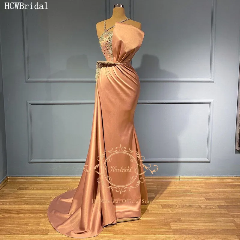 

Blush Pink Long 2021 Evening Dresses Strapless Straps Chic Beads Satin Formal Women Gowns Custom Made Vestido De Festa
