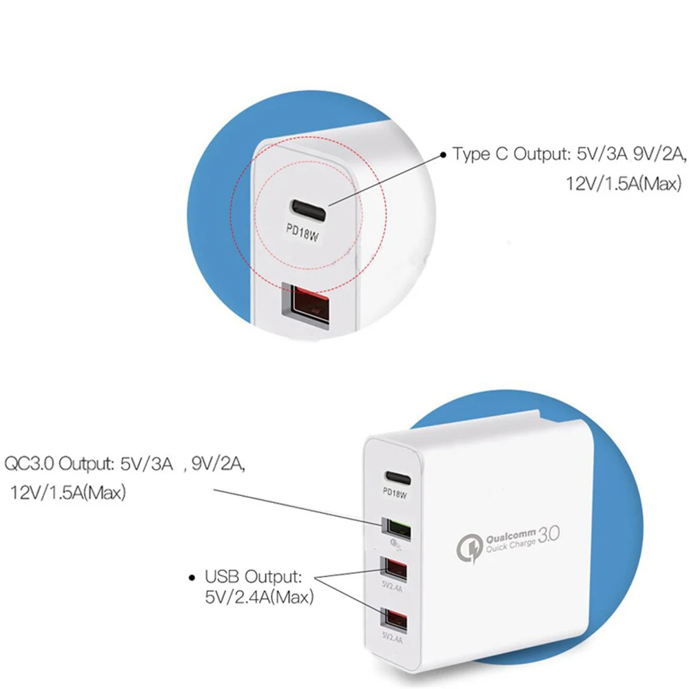 48 Вт 4 порта зарядное устройство Тип C qc3.0 type-c USB зарядное устройство для samsung iPhone huawei QC 3,0 быстрое настенное зарядное устройство США ЕС Великобритания австралийская штепсельная розетка