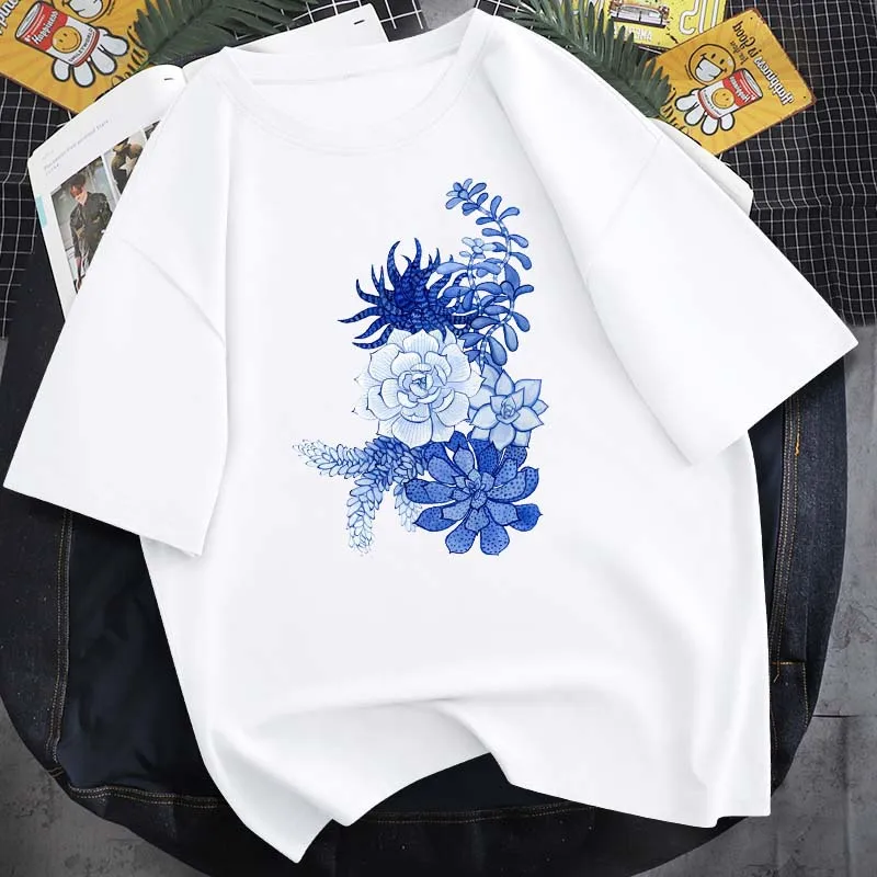 

Женский хлопковый топ с круглым вырезом, повседневный Свободный Топ с принтом синих роз и короткими рукавами, 14 цветов, лето