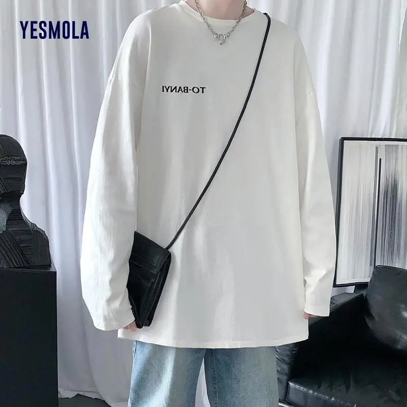 

YESMOLA 100% Cotton Long Sleeve T-shirts for Men 2021 Spring Autumn Fashion Casual Bottomed Shirt Harajuku Printed Men's Top