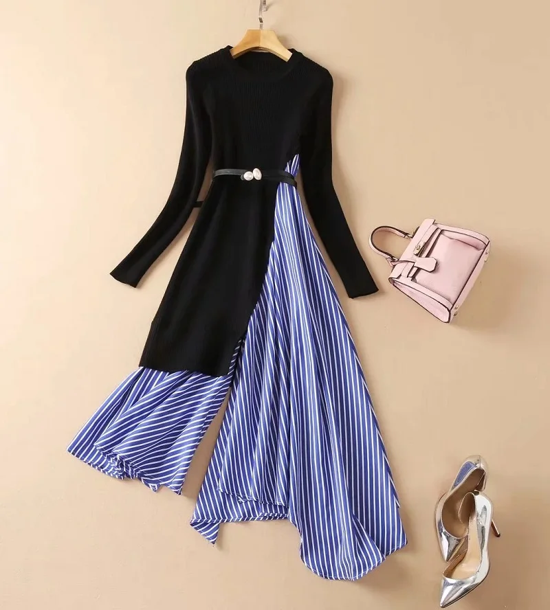 

One Piece Sweater Dress 2021 Autumn Winter High Quality Casual Clothing Women Knitting Floral Striped Print Long Sleeve Dress