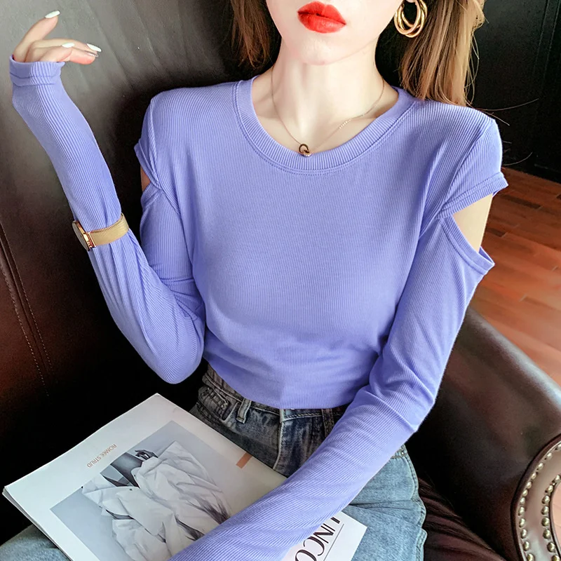 Женская эластичная хлопковая Футболка с открытыми плечами и круглым вырезом |