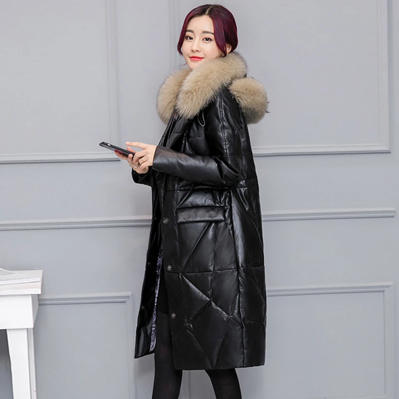 Women Winter Black Leather Jacket PU Parkas New Ladies Fur Collar Hooded Camel-Padded Long Coat Female Outerwear Warm Clothing