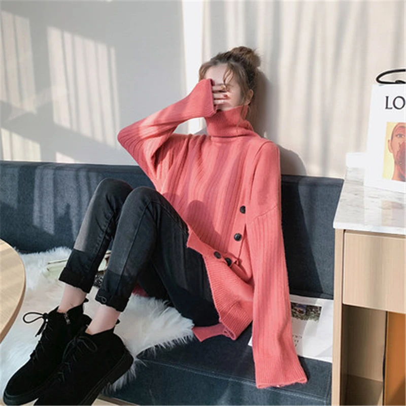 

Autumn Winter Women's Sweater Loose Oversized Female Knit Sweater Pullover Single Breasted ThickenWarm Women Turtleneck Sweater
