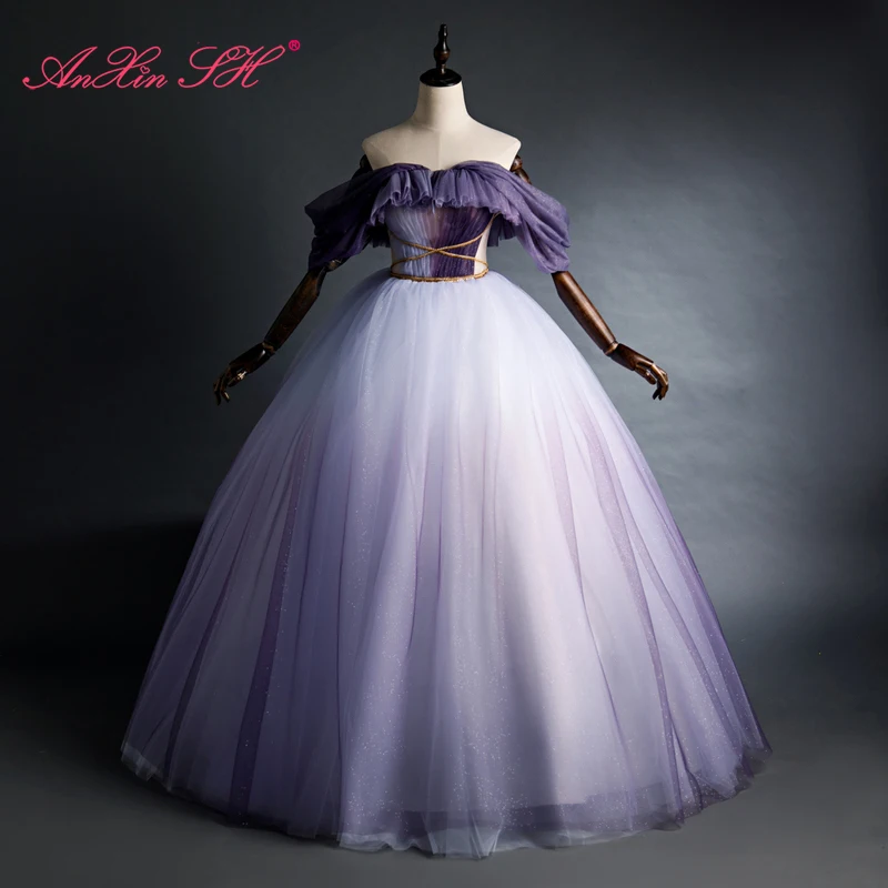 

AnXin SH vintage princess star sparkly purple lace boat neck ruffles ball gown host stage bride party violet dream evening dress