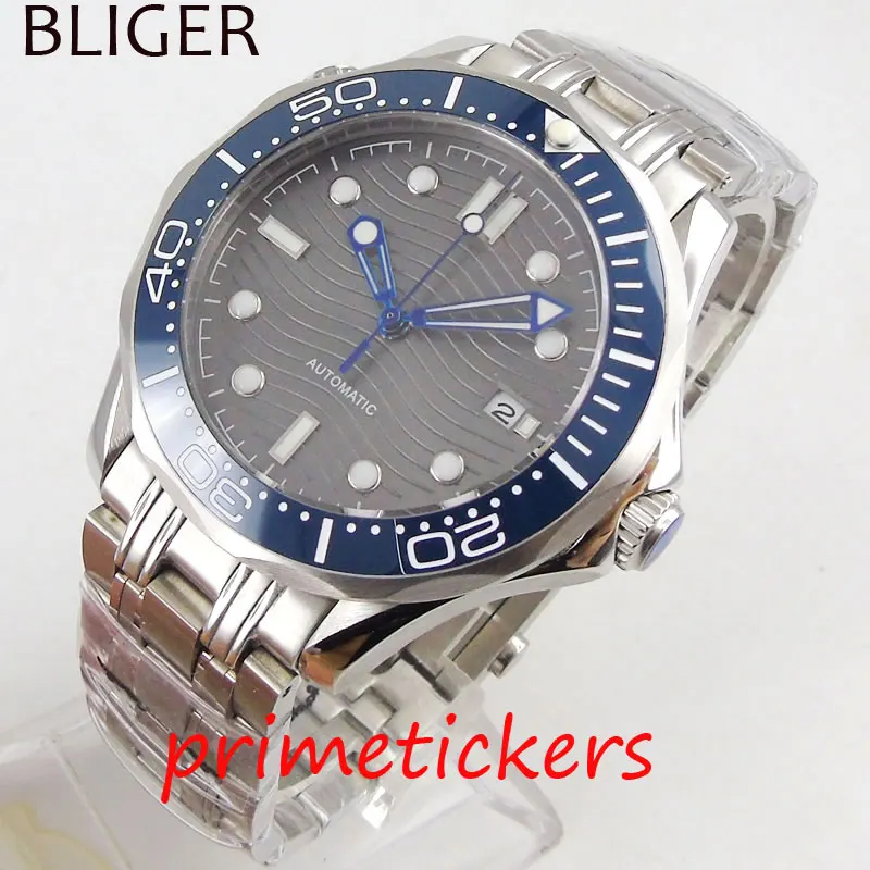 

Automatic movement men's watch 41mm sapphire glass blue wave dial blue ceramic bezel stainless steel bracelet date