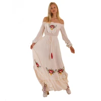 summer dress off shoulder long sleeve maxi dress women vintage white embroidery lace boho autumn vestidos casual tassel robe