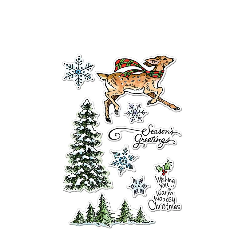 Теплый деревянный Рождественский прозрачный штамп с оленем и поздравлениями на