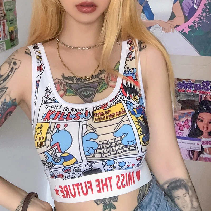 Майка женская с мультяшным принтом пикантный облегающий Топ без рукавов в стиле
