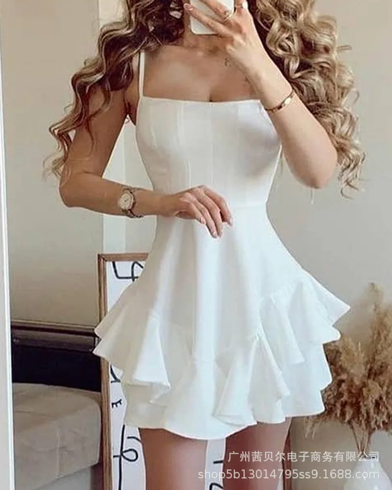 

Mandylandy Braces In White Dress Women Square Collar High Waist Dresses Solid Color A-line High Waist Sexy Ladies Lolita Dress