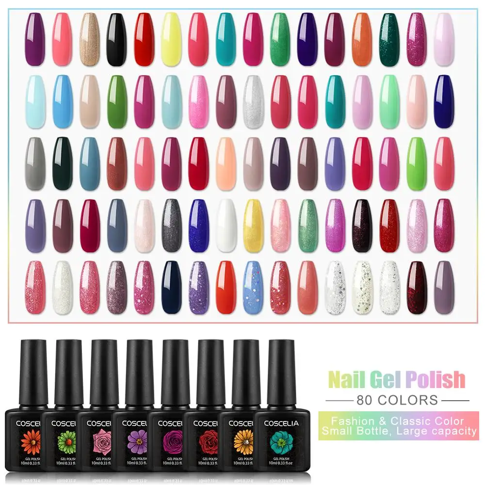 

COSCELIA 10ml Gel Nail Polish Semi Permanent Soak Off Nail Gel Varnish UV LED Top Base Coat Manicure For Nail Art Design Supply