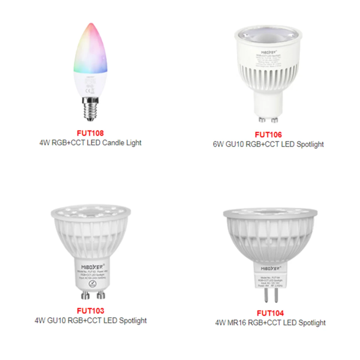 

FUT104 DC12V MR16 4W / FUT103 GU10 4W / FUT106 GU10 6W / FUT108 E14 4W RGB+CCT Candle SpotLight AC100~240V remote wifi control