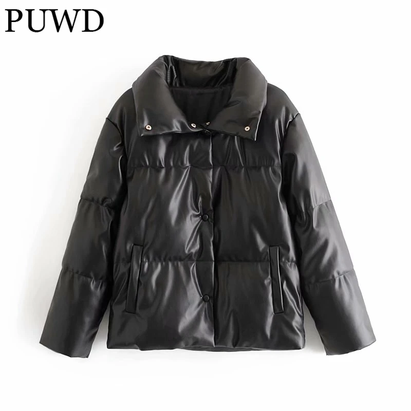 

Винтажные женские парки PUWD из искусственной кожи с хлопковой подкладкой, Зимняя мода 2021, Женская однотонная теплая уличная одежда, пальто, ш...