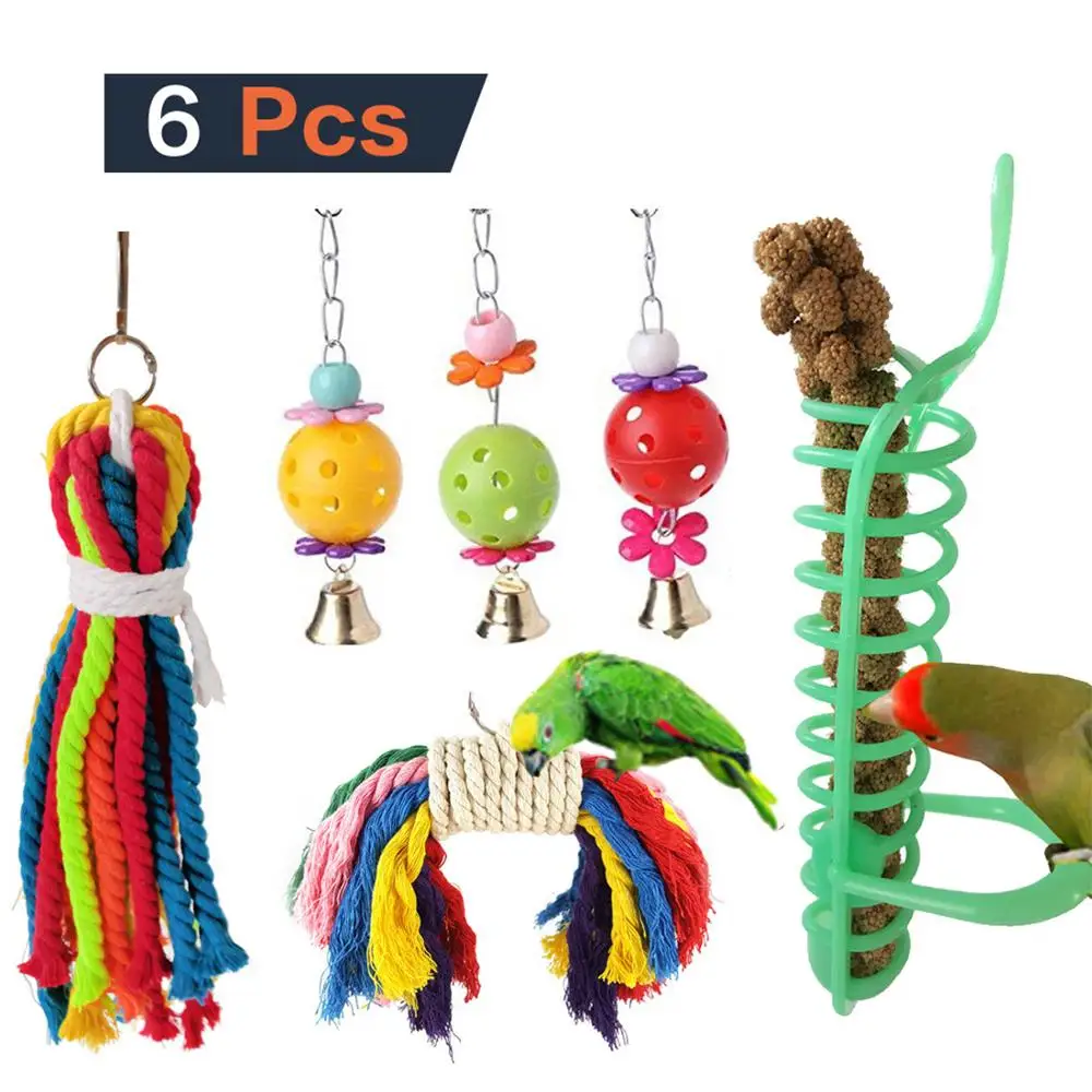 

6 PCS Bird Toys Parrot Foraging Toys, Colorful Rope Swing Chewing Hanging Perches Feeder Cage Toys, with Bells for Pet Parrot