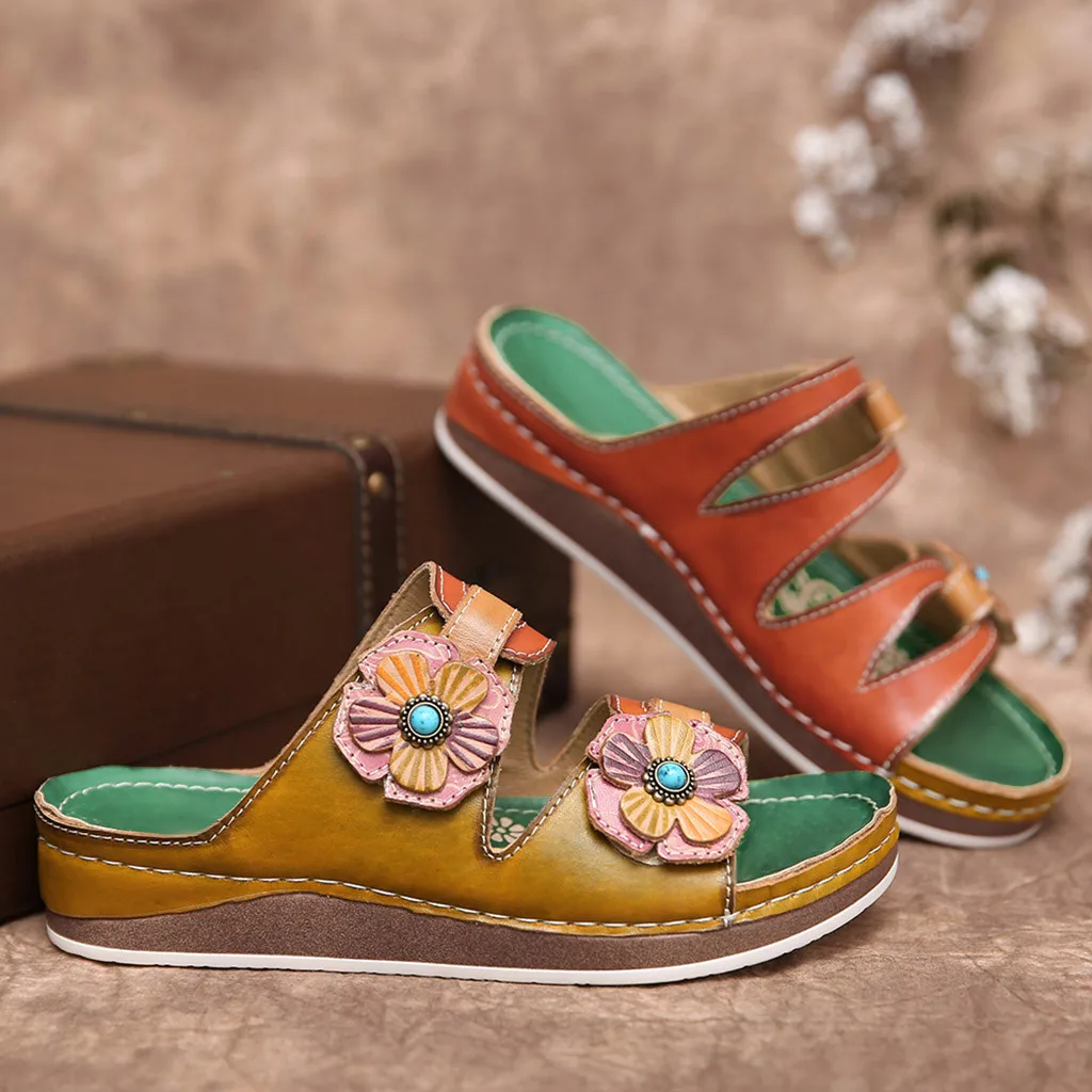 woman slippers Retro Dimensional Flower Material Stitching Sandals Vintage Wedge Shoes женские шлепанцы sandals | Обувь