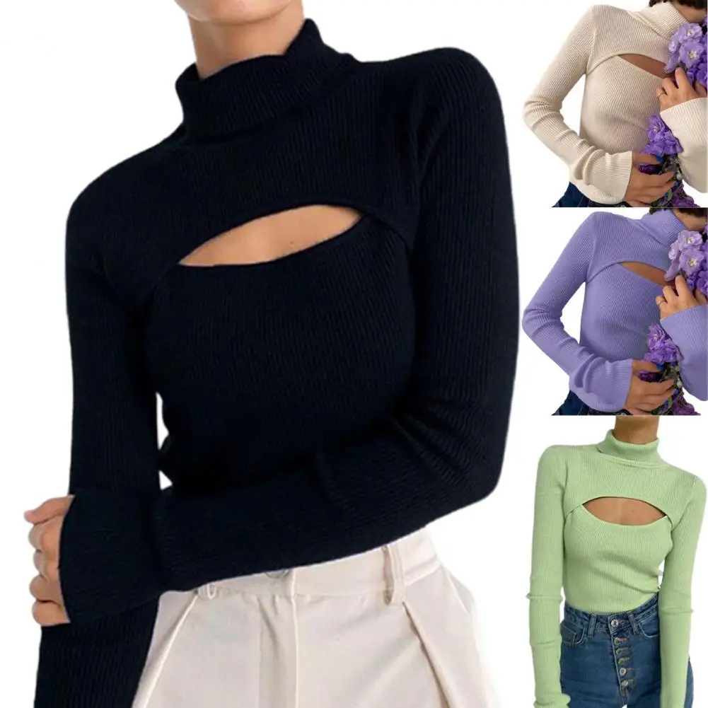 Женская блузка с длинным рукавом и высоким воротником трикотажный пуловер