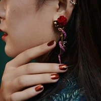 new brand red rose flower stud earrings for women vintage jewelry crystal snake earring show bijoux female party brincos