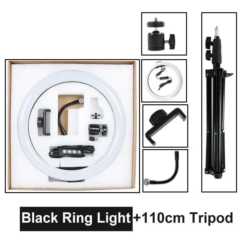Black (110cm tripod) 1" Диммируемый фотографический светильник ing светодиодный кольцевой светильник 26 см кольцевая лампа с подставкой Штатив для Youtube Макияж Видео Live Studio - Цвет: Black (110cm tripod)