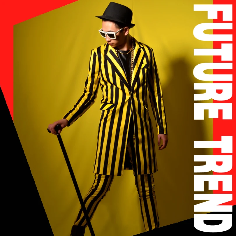 Мужской костюм из 2 предметов желтая черная полоска длинный брюки мужской модный